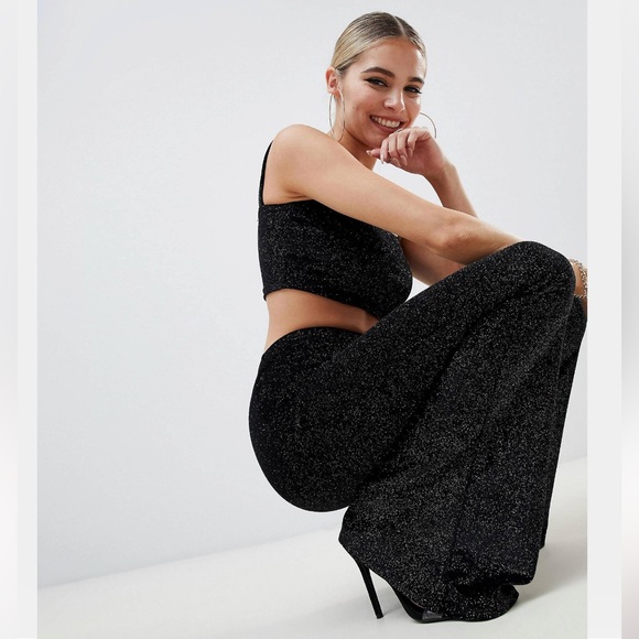 FASHIONKILLA Square Neck Crop Top & Flare Pant Two Piece in Black w/ Glitter - Picture 5 of 16